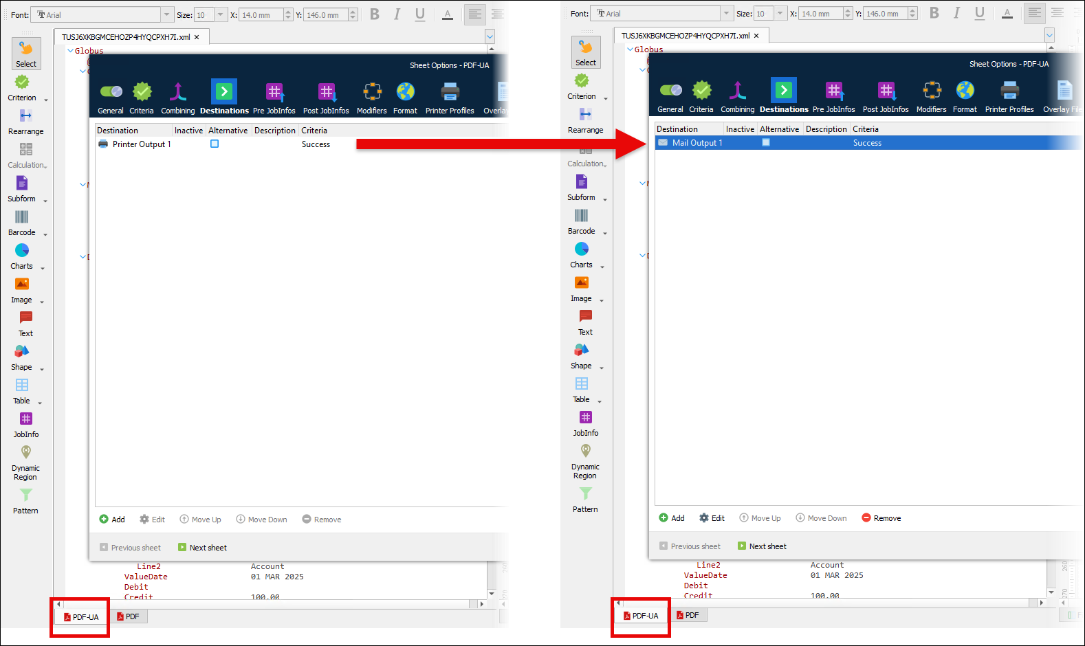 Side-by-side screenshots of the Sheet Options window for a form showing a change of destination for the PDF/UA sheet.